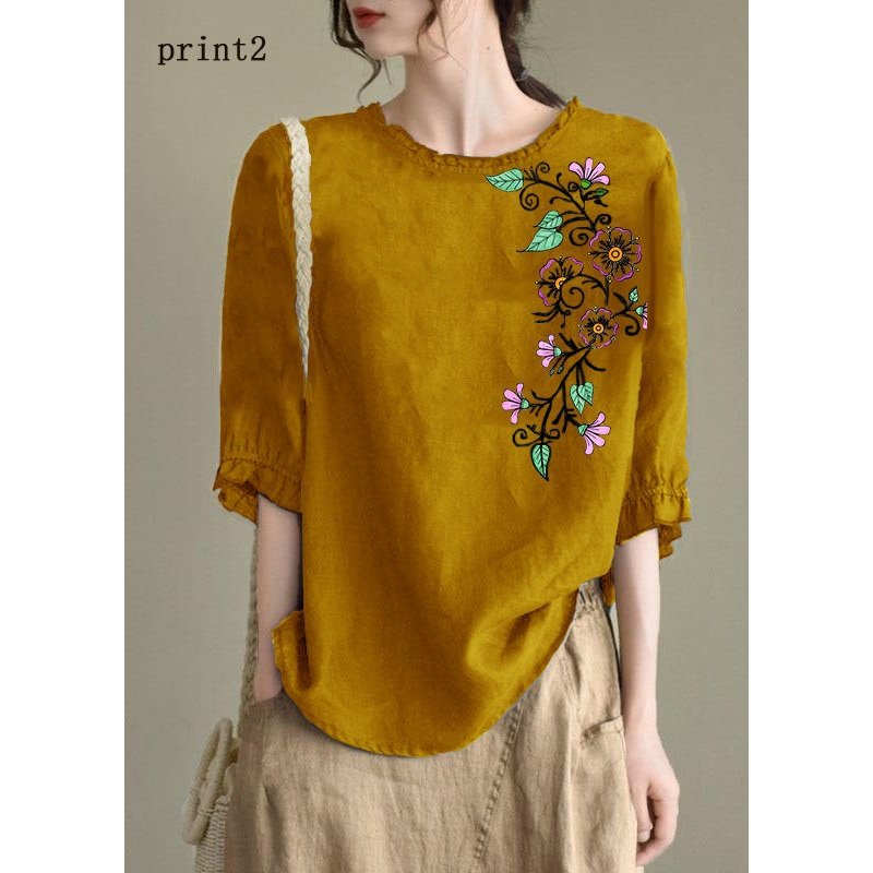 Handmade yellow-print2  lantern Sleeve O-Neck Embroideried Summer Ramie Blouses