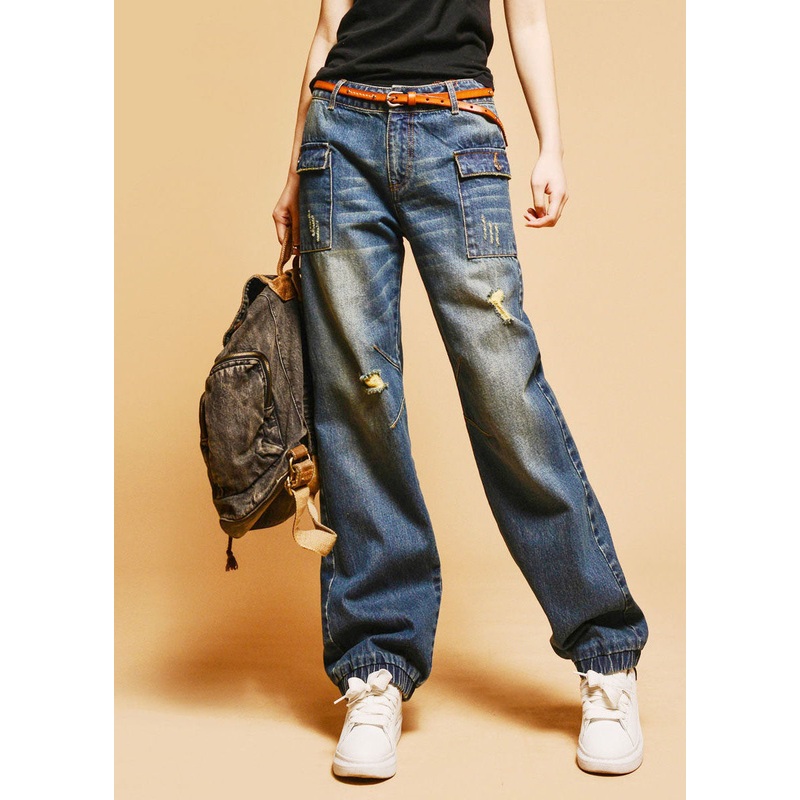 Italian Blue High Waist Hole Pockets Cotton Denim Pants Fall