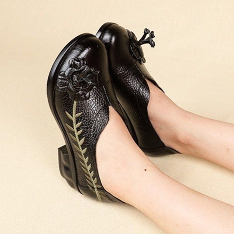 Leather Floral Low Heel Leaf Chic Design Shoes