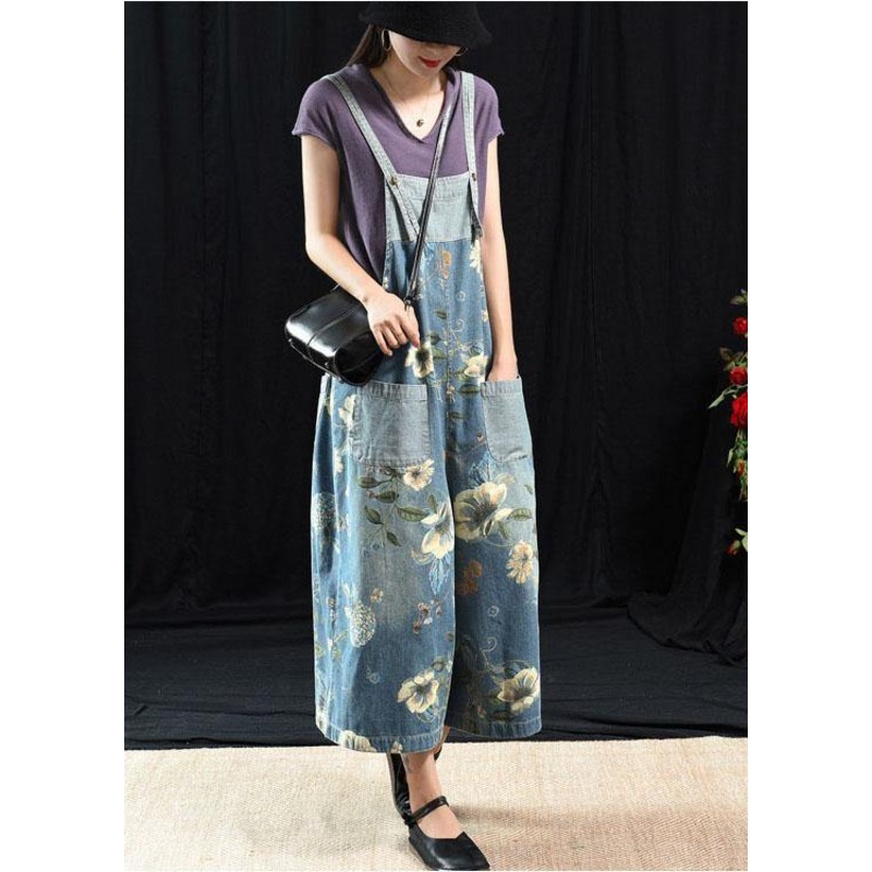 Light Blue Retro Loose Print Summer Pockets Denim Jumpsuit