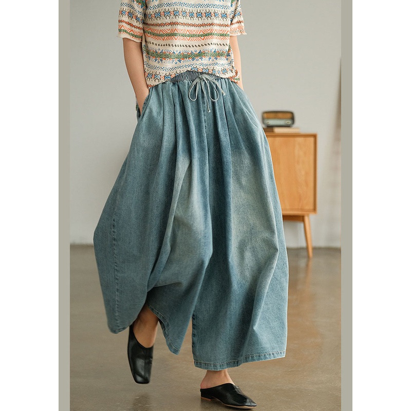 Loose Blue Cinched Pockets denim wide leg pants Spring