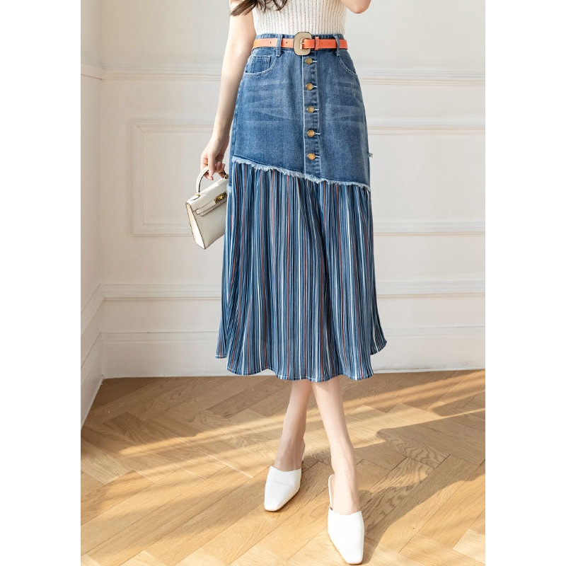 Modern Blue High Waist Sashes Asymmetrical Patchwork Cotton Denim Skirts Summer