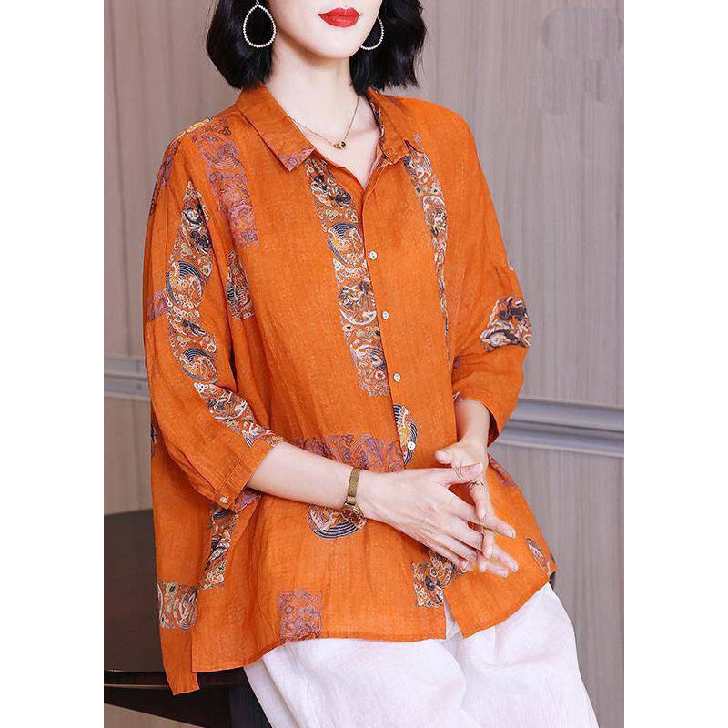 Natural Orange Peter Pan Collar Print Button Side Open Linen Top Half Sleeve