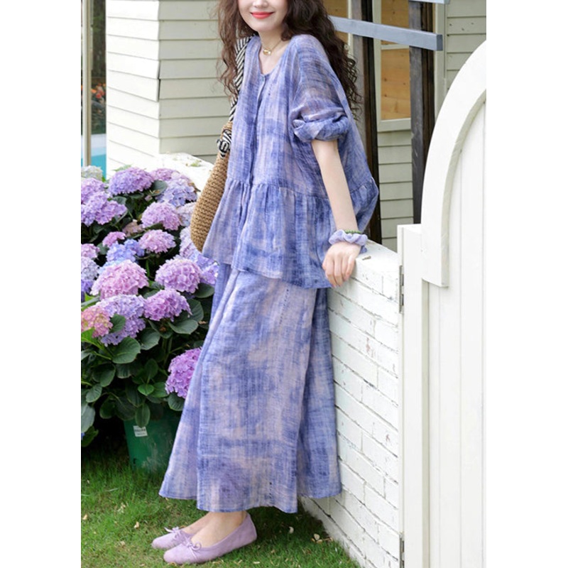 New Purple O-Neck Wrinkled Cotton Two Pieces Set Spring