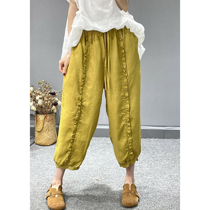 Organic Yellow Ruffled Pockets Linen Crop Pants Summer