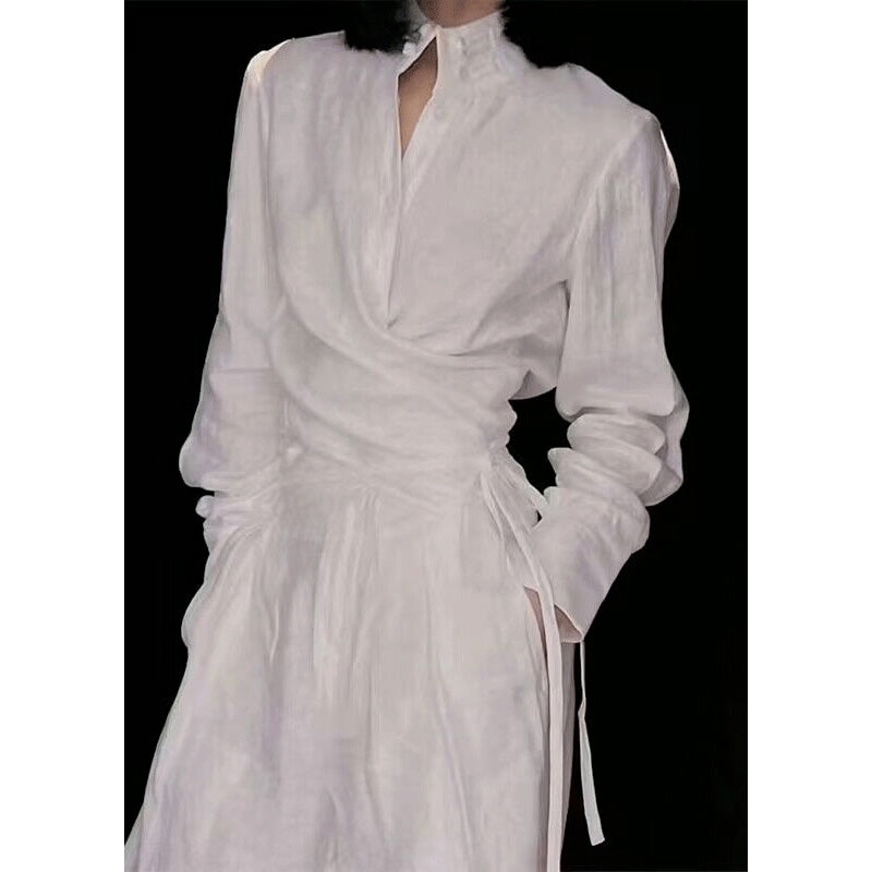Original White Stand Collar Lace Up Linen Two Piece Suit Set Spring