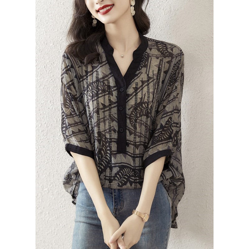 Plus Size Black V Neck Print Button Silk Top Half Sleeve