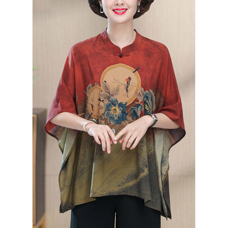 Plus Size Red O-Neck Print Side Open Silk Top Half Sleeve