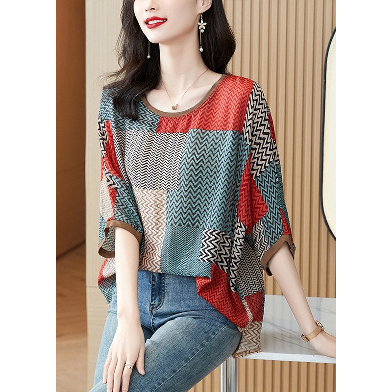 Plus Size Red O-Neck Striped Print Silk Shirt Half Sleeve