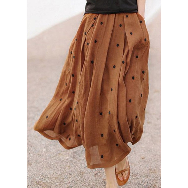 Retro Chocolate Dot Print Pockets Linen Skirt Summer