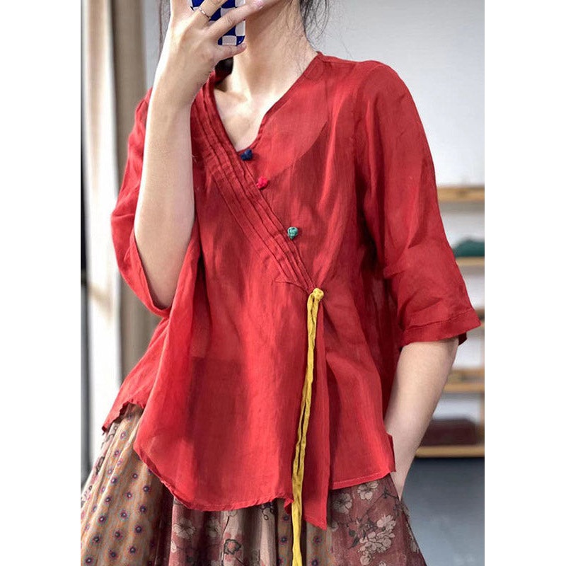 Simple Red V Neck Button Linen Shirt Half Sleeve