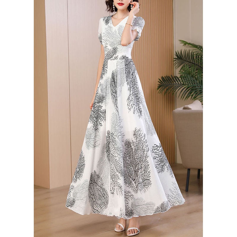 Stylish White V Neck Print High Waist Holiday Chiffon Long Dress Summer
