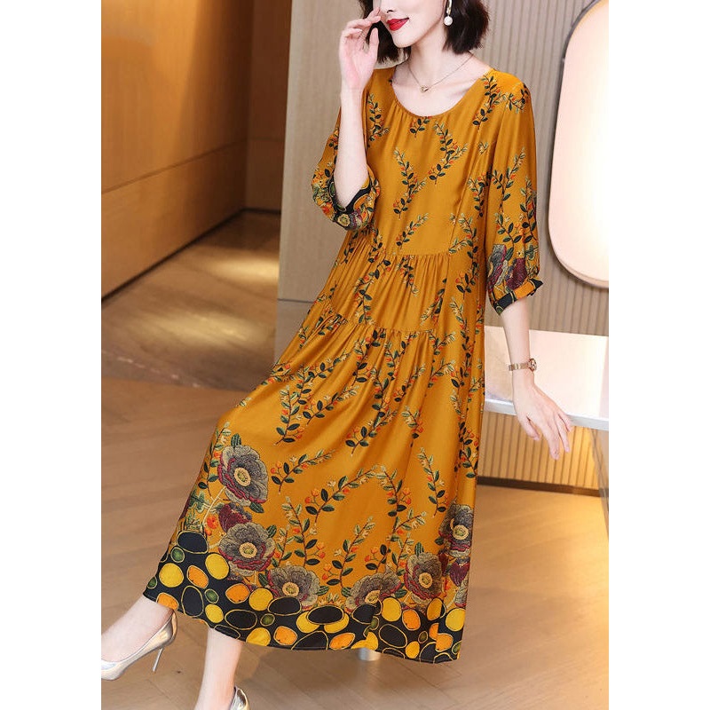 Unique O-Neck Print Wrinkled Silk Dresses Long Sleeve