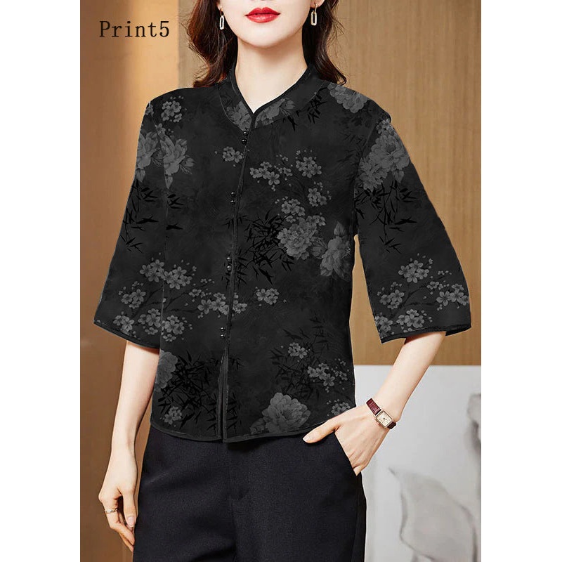 Vintage black Mandarin Collar Print Silk Shirt Tops Half Sleeve
