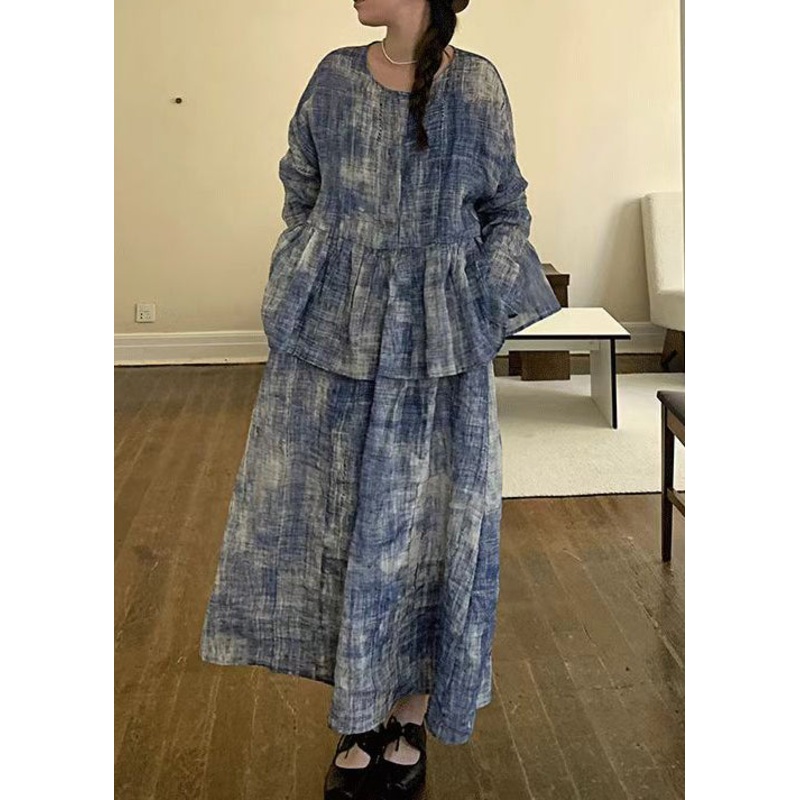 Vintage Blue O Neck Top And Spaghetti Strap Dress Cotton Two-Piece Set Spring