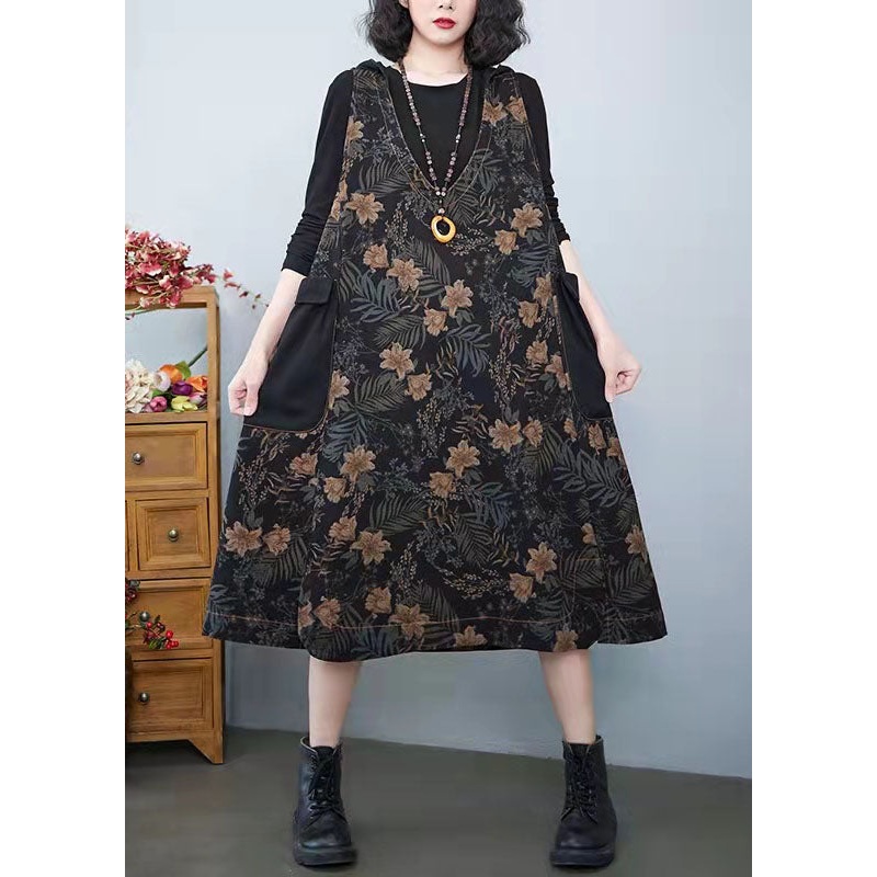 Vintage Denim Print Pockets  Dress Summer Cotton Dress