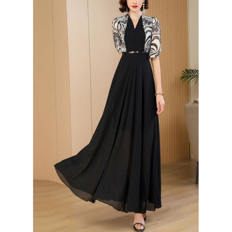 Vogue Black Print Patchwork High Waist Sashes Chiffon Maxi Dress Summer