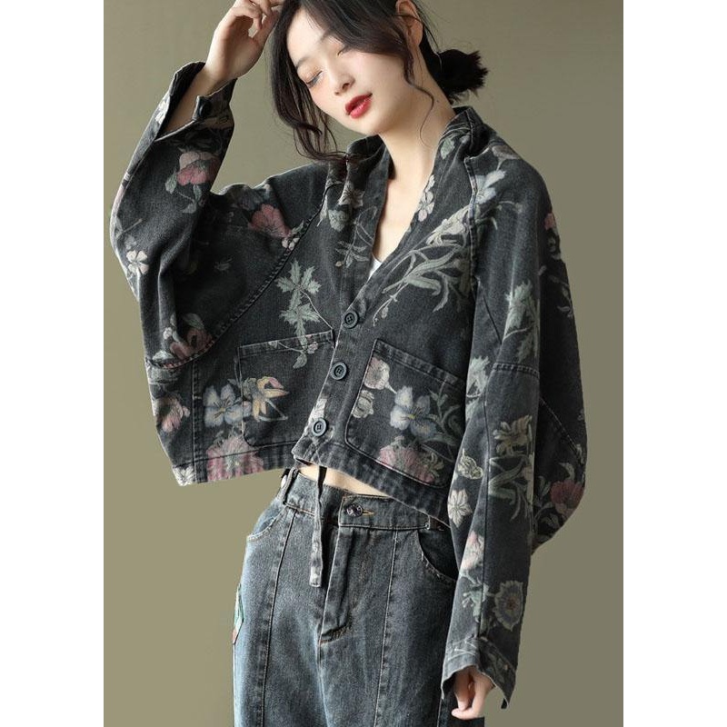 Women Black Print Batwing Sleeve Denim tops