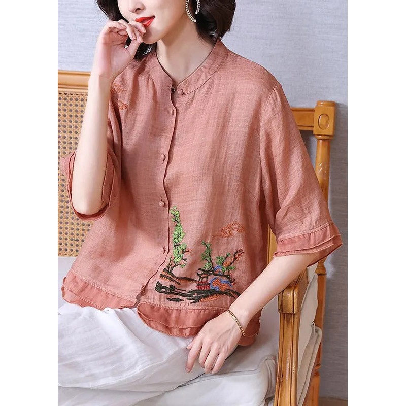 Women Pink Stand Collar Embroideried Floral Button Linen Shirt Half Sleeve