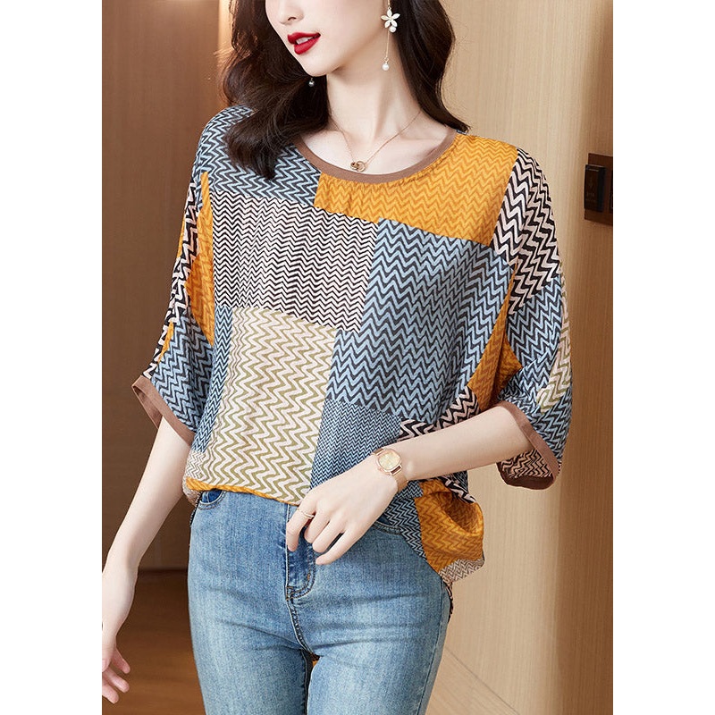 Yellow O-Neck Print Patchwork Silk Tops Half Sleeve