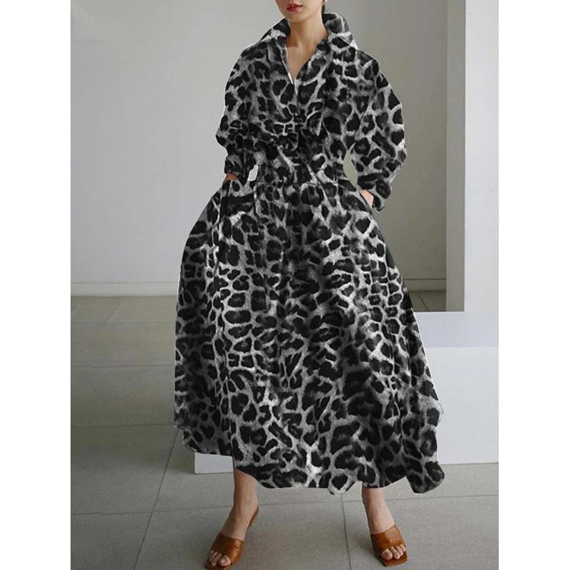 2022 white  leopard Peter Pan Collar Pockets Cotton Dress Long Sleeve