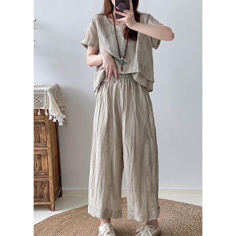 Apricot Tie Dye Linen Two Pieces Set Asymmetrical Wrinkled Summer
