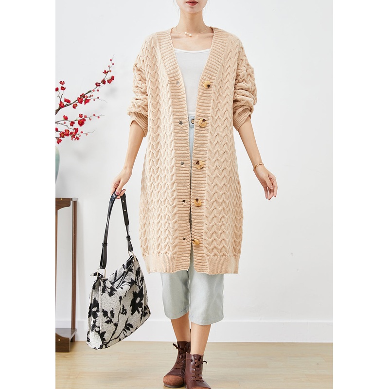 Art Beige Button Down Warm Cable Knit Loose Coat Fall