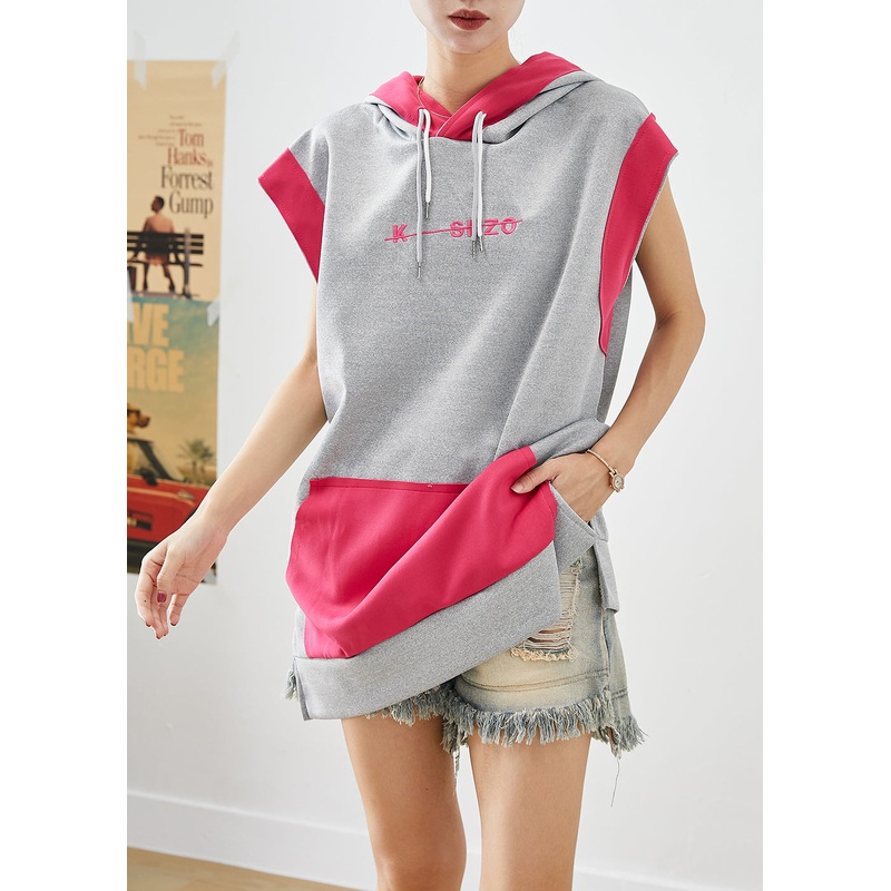 Art Grey Hooded Patchwork Pockets Cotton Pullover Streetwear Summer