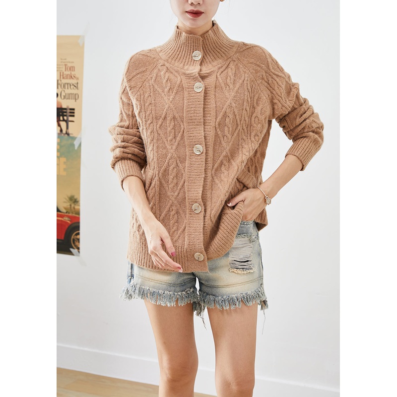 Art Khaki High Neck Button Down Warm Cable Knit Cardigan Fall