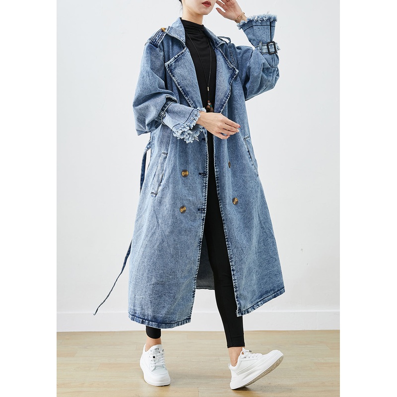 Art Light Blue Lapel Double Breast Denim Trench Coats Fall