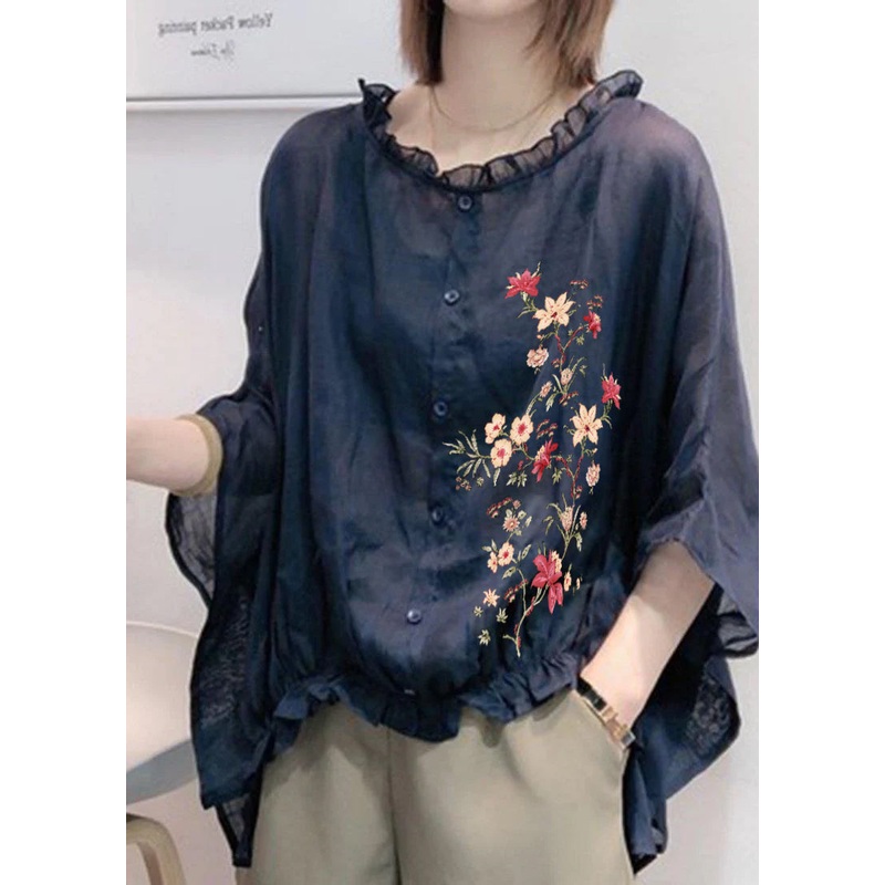 Art Navy-flower Tops Ruffles Trim Half Sleeve Shirts Blouse