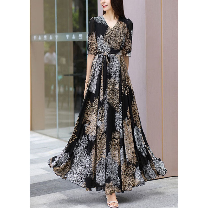 Art Wrinkled High Waist Chiffon Long Dress Short Sleeve