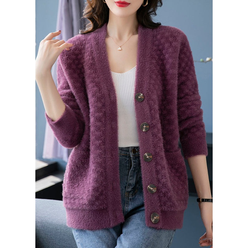Beautiful Purple V Neck Pockets Patchwork Mink Hair Knitted Coats Fall