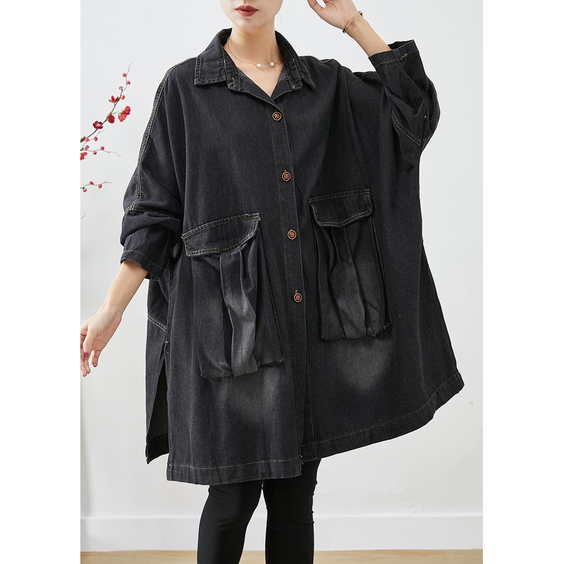 Black Denim Trench Oversized Pockets Batwing Sleeve