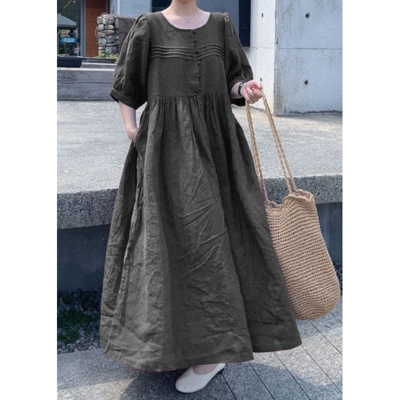 Black Patchwork Linen Dress O Neck Wrinkled Short Sleeve