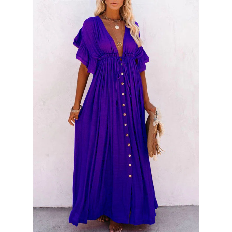 Blue V Neck Button Maxi Dresses Short Sleeve