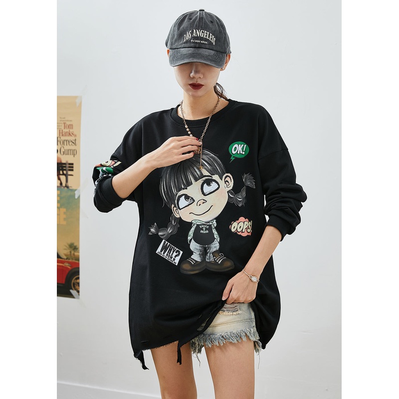 Bohemian Black Oversized Cartoon Print Cotton Ripped Sweatshirts Top Fall