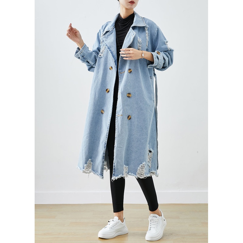 Bohemian Light Blue Lapel Double Breast Denim Ripped Coats Fall