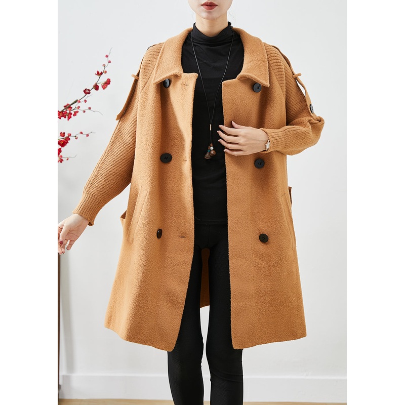 Boho Light Camel Double Breast Patchwork Knit Woolen Trench Coats Fall