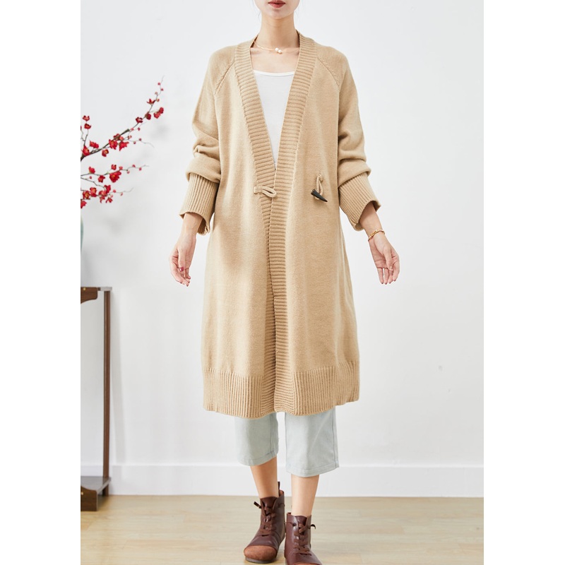 Boho Light Camel Oversized Horn Button Knit Loose Coat Fall