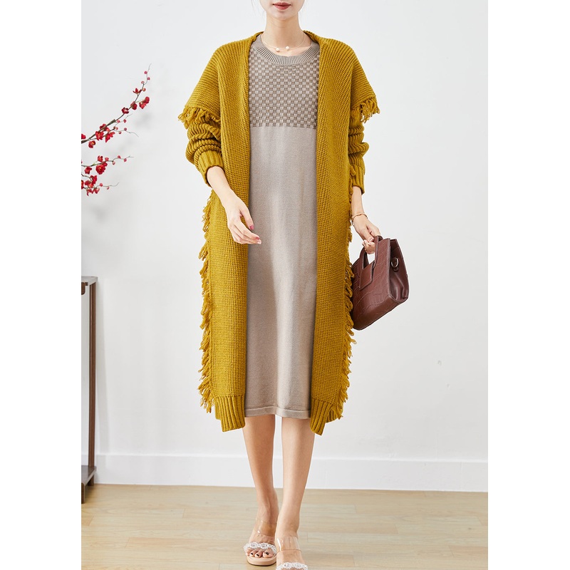 Boho Yellow Sailor Collar Tasseled Knit Cardigan Fall