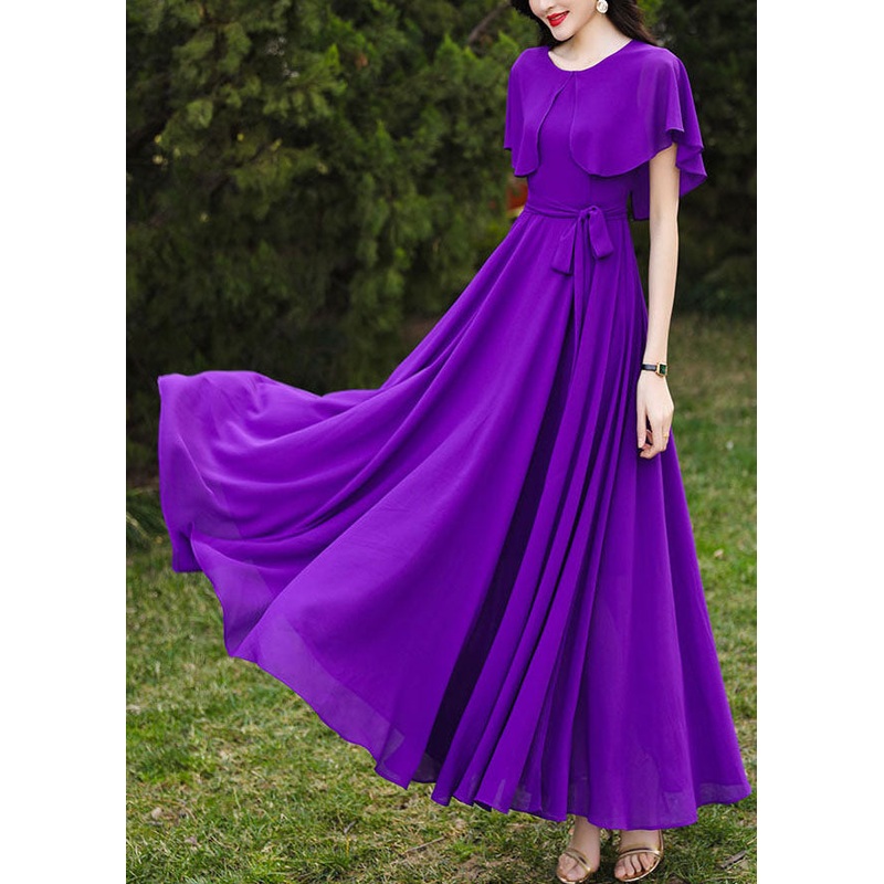 Brief Purple O-Neck Patchwork Tie Waist Chiffon Holiday Maxi Dresses Short Sleeve