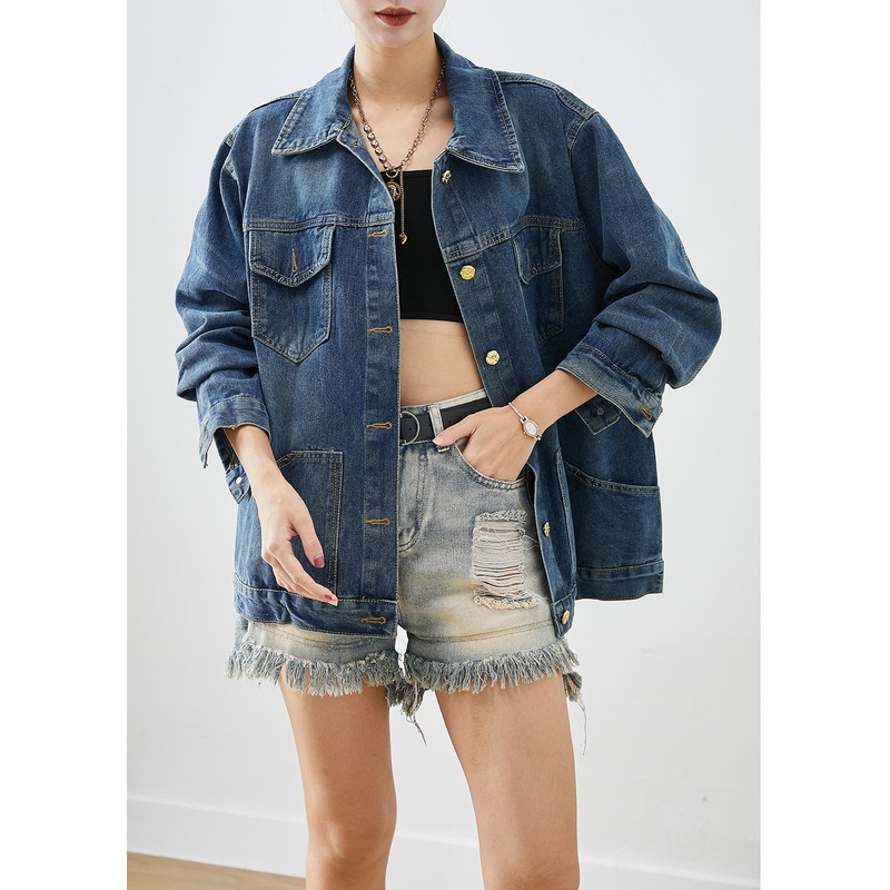 Casual Blue Oversized Patchwork Denim Coats Fall