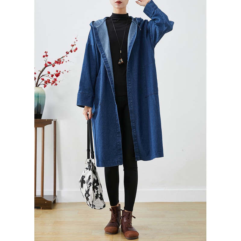 Casual Navy Hooded Oversized Cotton Trench Coats Fall