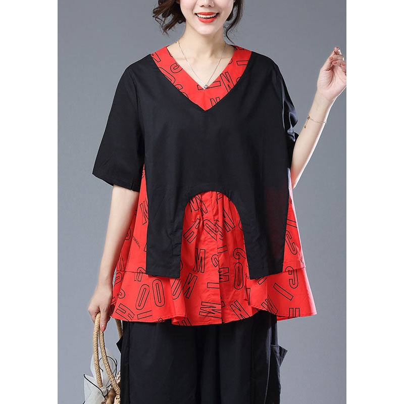 Casual Red Asymmetrical Print Patchwork Cotton T Shirt Top Summer