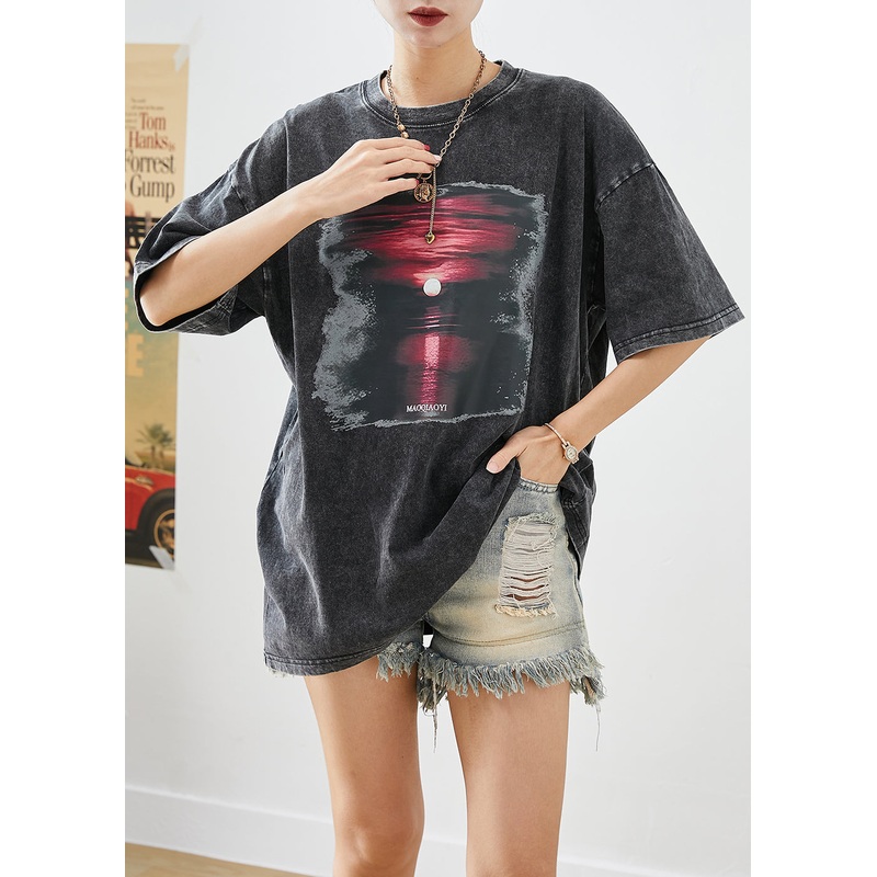 Chic Black Oversized Sunset Print Cotton Tank Tops Summer