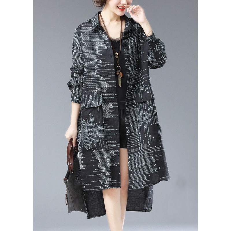 Chic Black Peter Pan Collar Print Pockets Patchwork Cotton Long Coat Fall