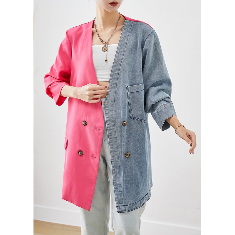 Chic Colorblock Asymmetrical Patchwork Double Breast Cotton Coats Fall