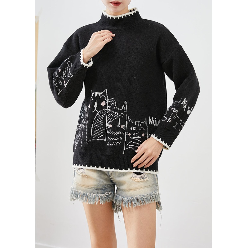 Classy Black Turtle Neck Print Knit Sweater Tops Fall