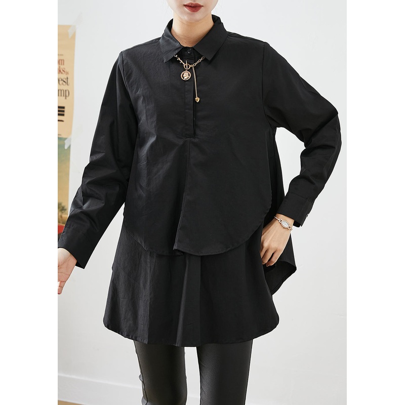 DIY Black Asymmetrical Patchwork Cotton Shirt Tops Fall